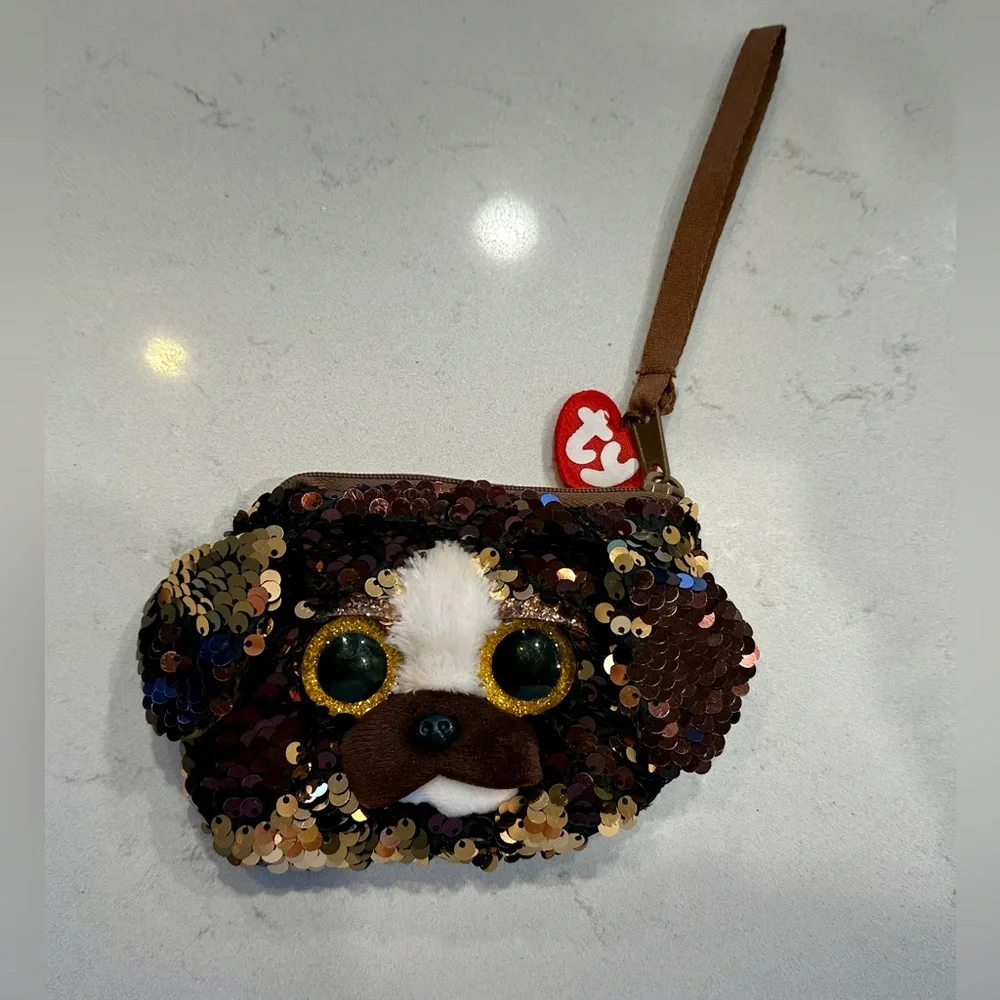 Ty Beanie Babies ‘Brutus’ Dog Brown Sequin Wristlet/Coin Purse